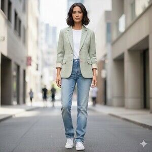 Vintage Orvis River Road Houndstooth Blazer Womens 16 Green White Jacket Silk